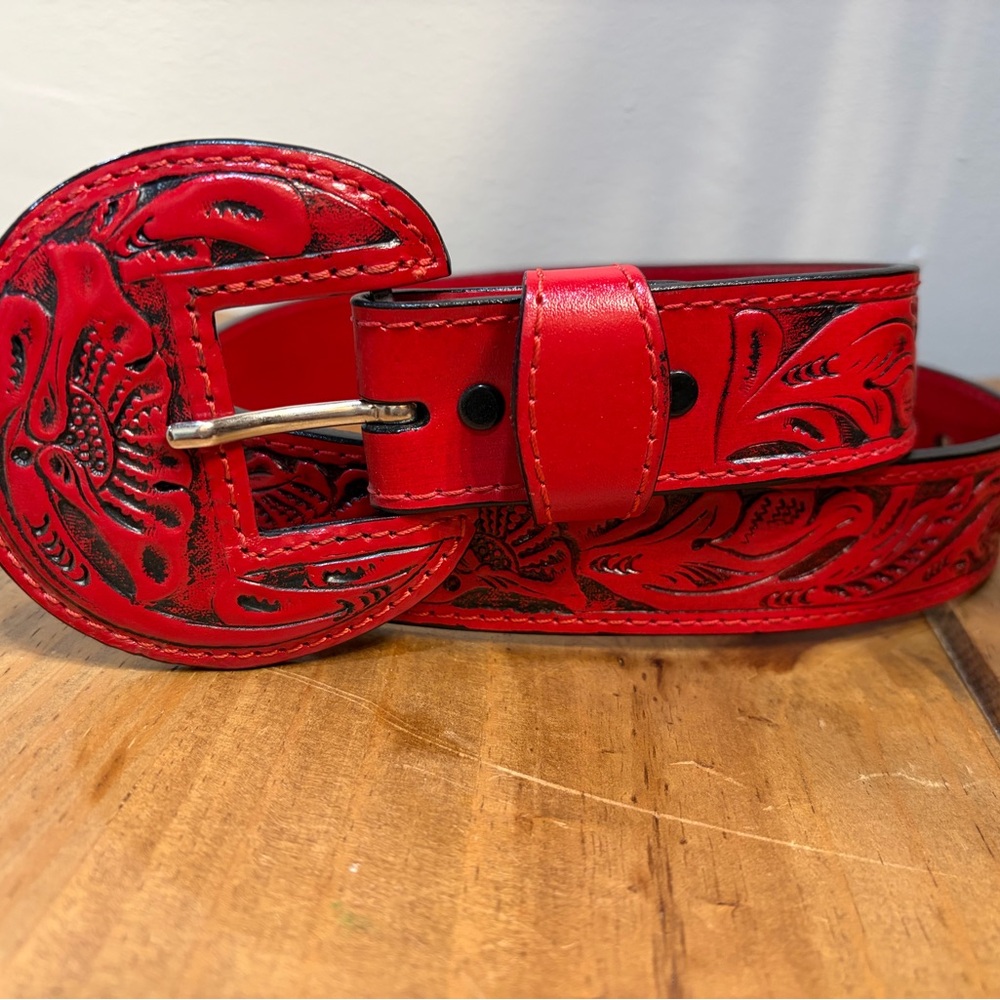 Red Embossed Leather Belt with Buckle